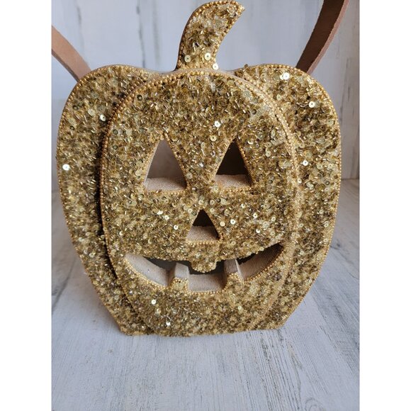 Unique sequin pumpkin bucket trick or treat Halloween wooden decor vintage - Picture 2 of 12